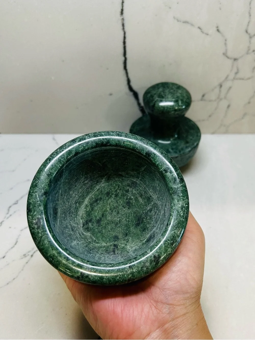 Vintage Mushroom Green Marble Stone Mortar and Pestle